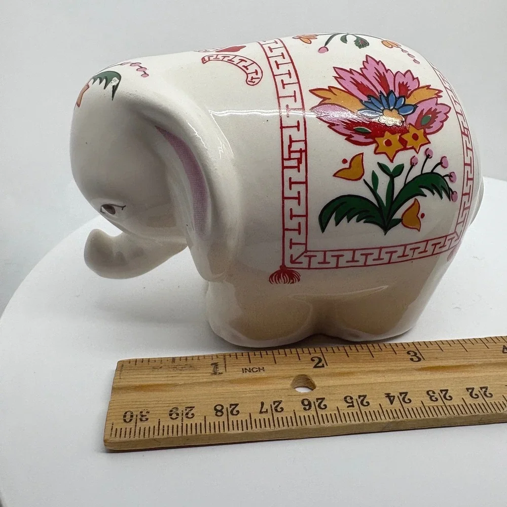 Prestige Place Ceramic Elephant Figurine White Floral Greek Key Border 4 Inch